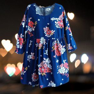 Old Navy Dress Size M Babydoll Short Mini 3/4 Sleeves Navy Floral